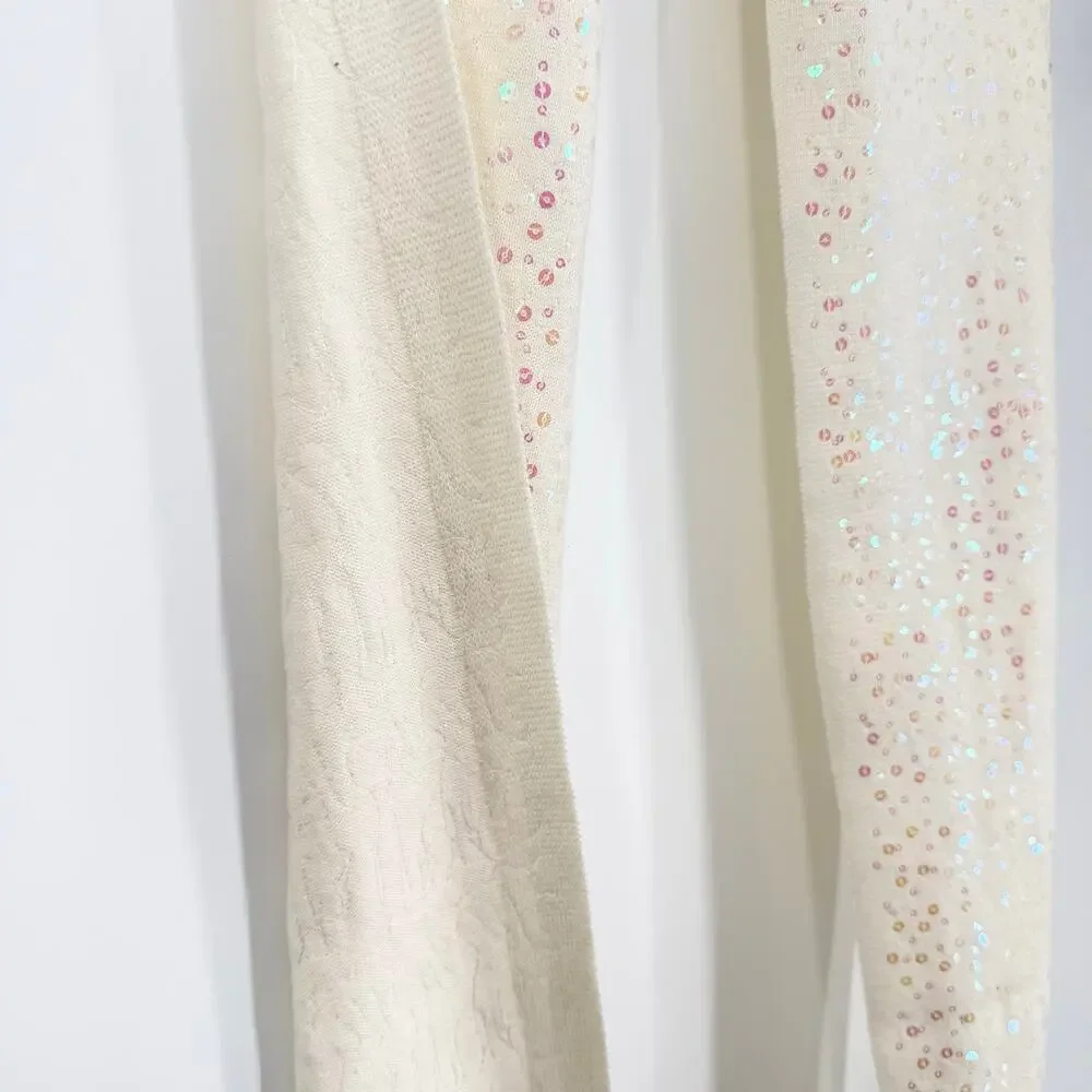 Cream Sequin Knit Scarf Soft Sparkle Ruffle Fringe Winter Wrap Cozy Ivory
